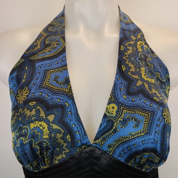 Laundry Shelli Segal 100% Silk Y2K V-neck Midi Halter Dress Blue Gold Regal 6 - Picture 4 of 13